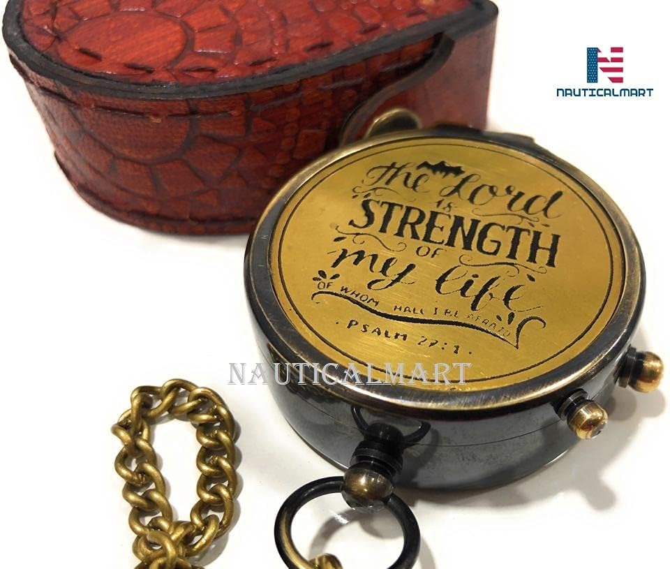Solid Brass Pocket Compass “The Lord is Strength of My Life” Free Quote Engraved and Leather Case