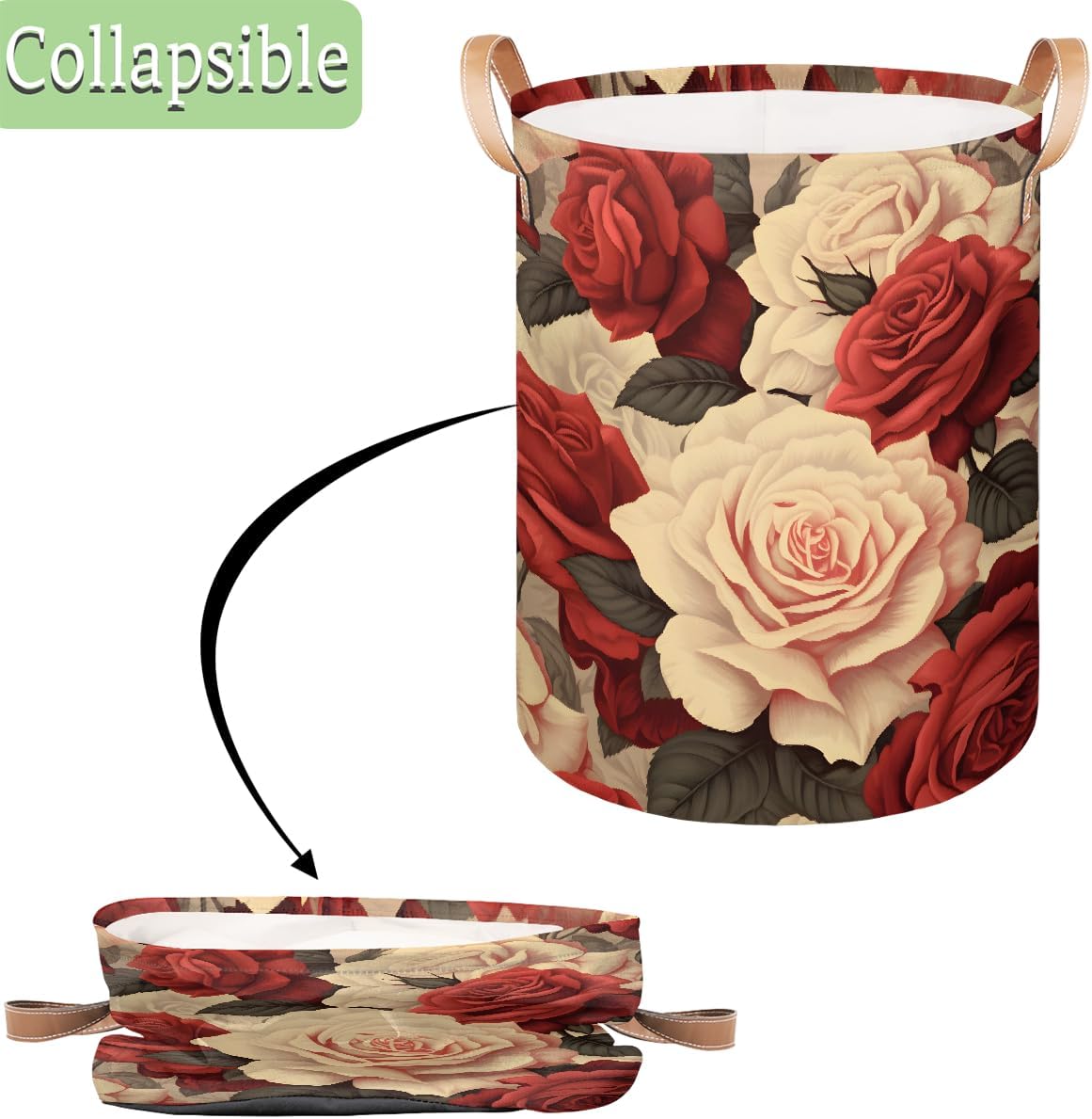 Red Pink Rose Laundry Basket Foldable Laundry Baskets With Leather Handles for Bedroom Bathroom Toys Decorative Basket