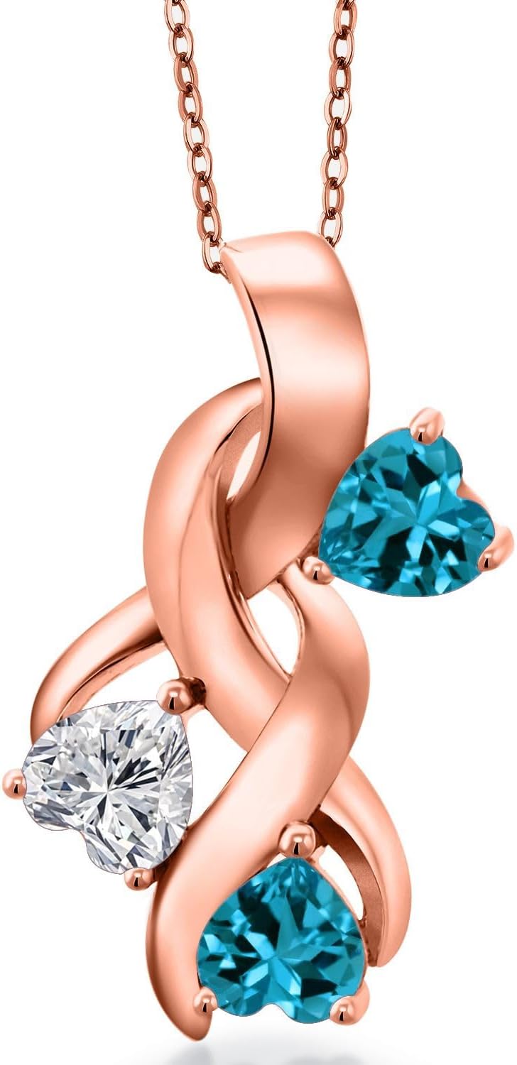 Gem Stone King 18K Rose Gold Plated Silver Lab Grown Diamond and London Blue Topaz Pendant Necklace for Women | 1.54 Cttw | Gemstone April Birthstone | Heart Shape 5MM | With 18 Inch Chain