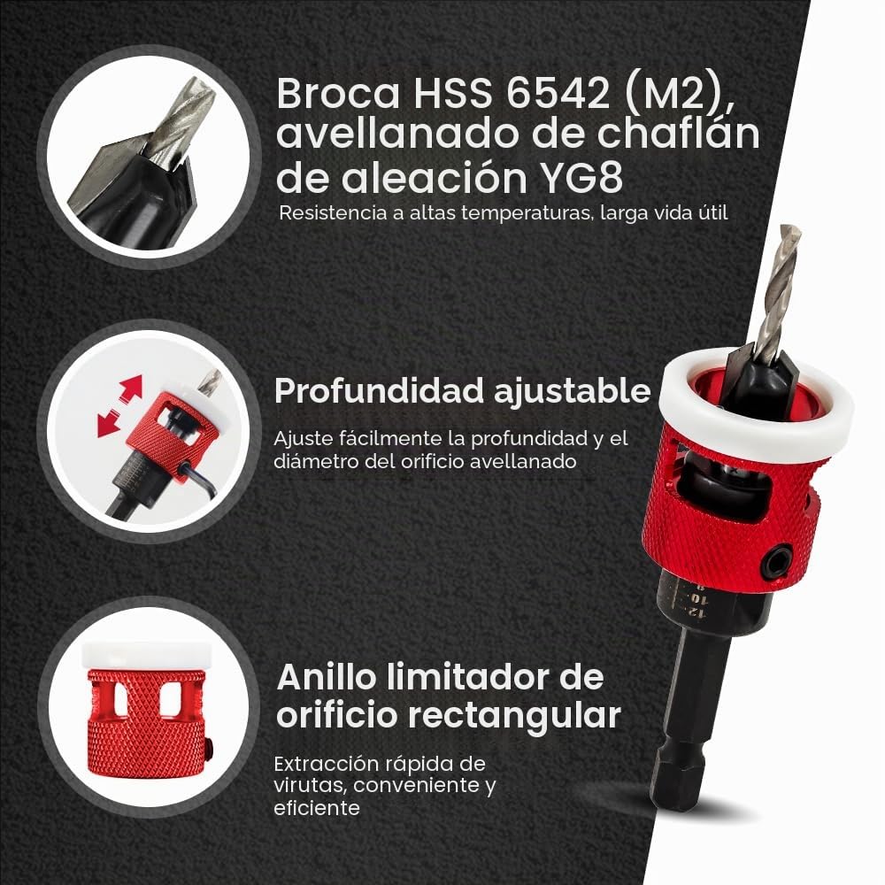 Juego de 5 Brocas Avellanadoras con Tope de Profundidad Baja Fricción - FOCSTOL 3,2/3,6/4/4,4/4,8mm Broca Avellanadora con Punta Carburo de 82 Grados para Madera, Plástico