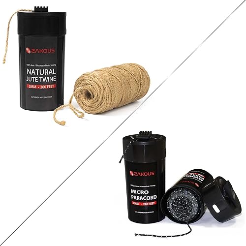 Zakous Recipiente de cuerda listo para cortar  Cordel de yute de 260 pies Plus Micro Paracord de 200 pies (cordel + negro)