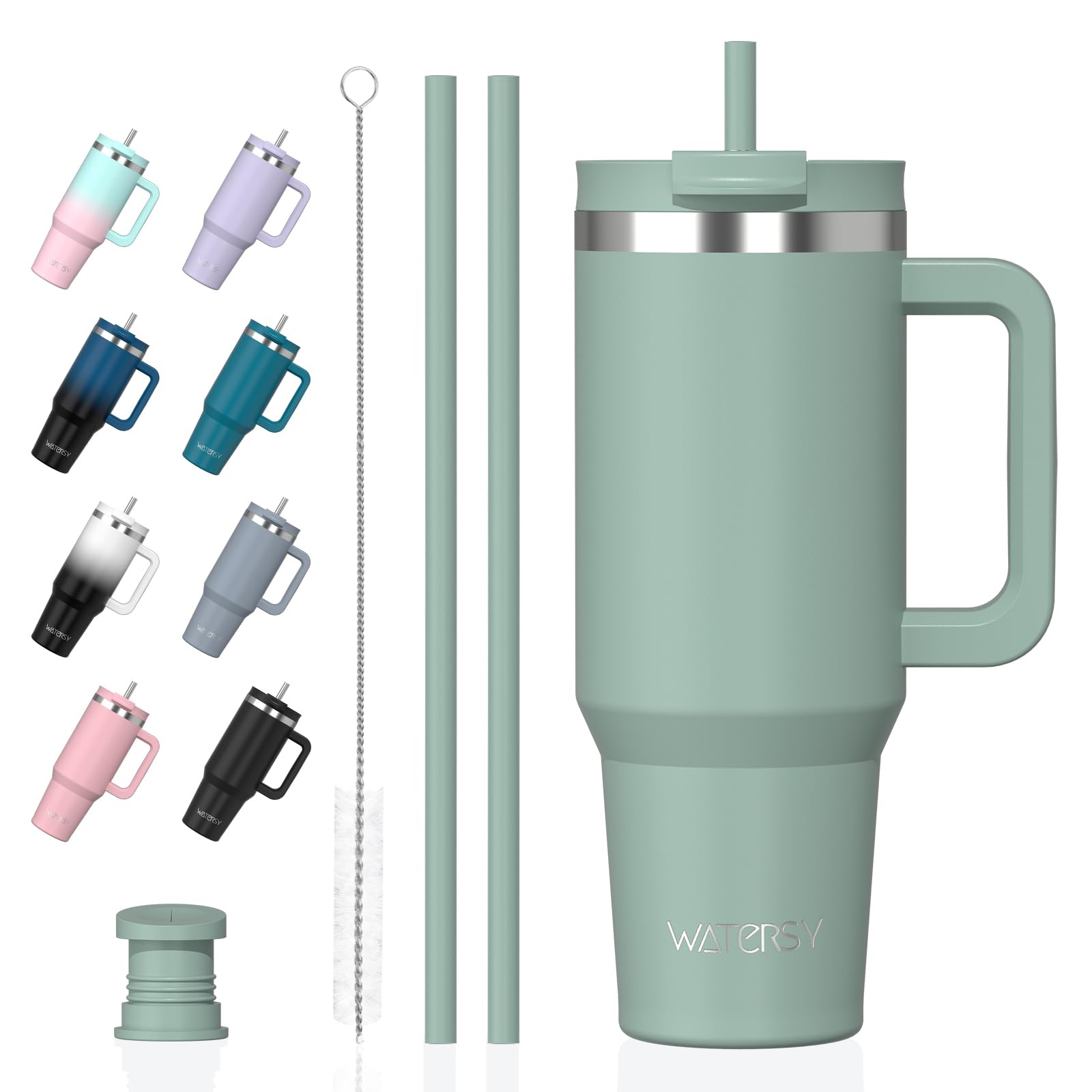 WATERSY 891ml Thermobecher mit 2 Strohhalmen, Trinkbecher Auslaufsicherer Kaffeebecher To Go Vakuum-Isoliert mit BPA frei Schraubdeckel, Trinkflasche Kühlt 12 Stunden,Retro Grün