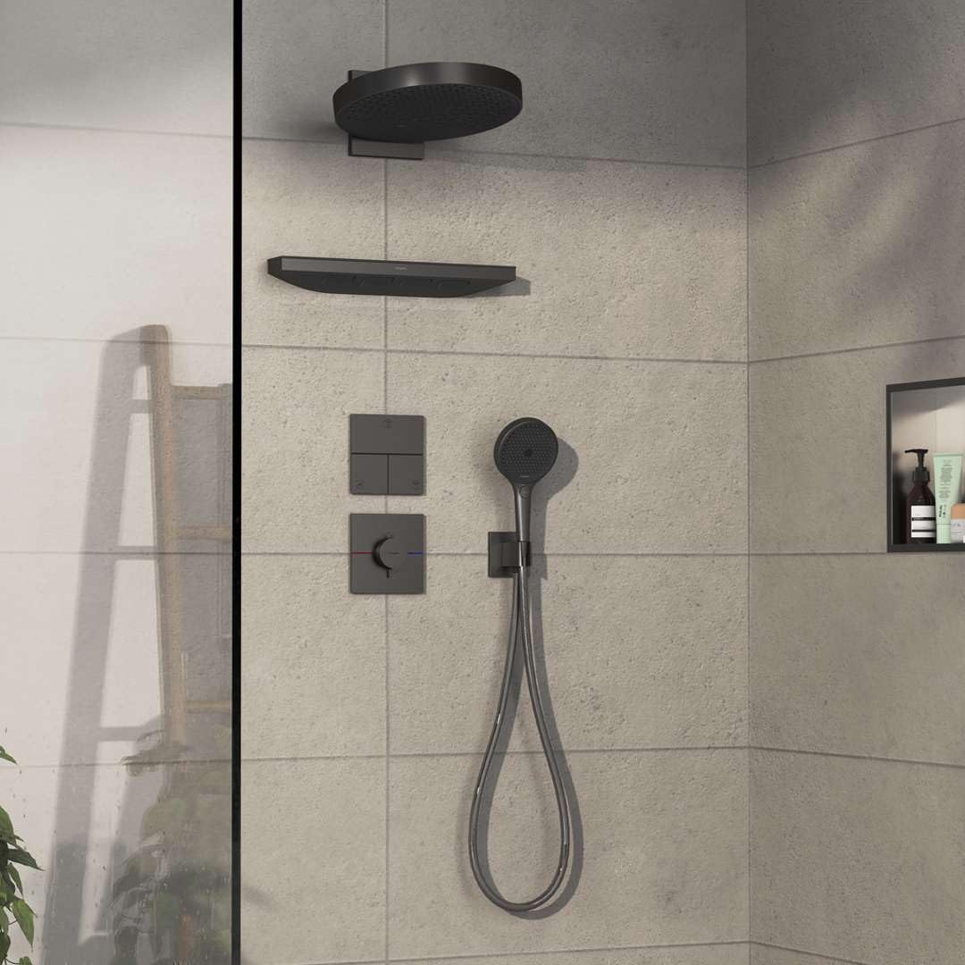 hansgrohe ShowerSelect Comfort E - Thermostat Unterputz, Armatur mit Sicherheitssperre (SafetyStop) bei 40° C, eckiges Thermostat, Mischbatterie für 3 Verbraucher, Brushed Black Chrome
