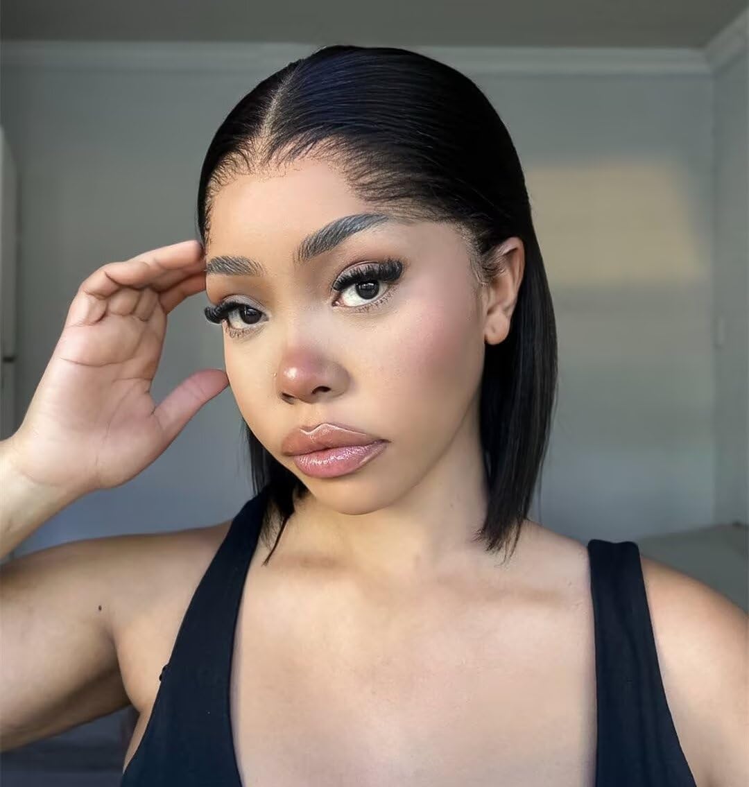 9X6 Skinlike Real HD Lace Closure Wig Bob Straight Human Hair with New M Shaped Logos Hairline 150% Density Blunt Cut Short Bob Lace Front Wig Bleached Knots 0.1mm Ultra Thin Invisible Lace Wigs