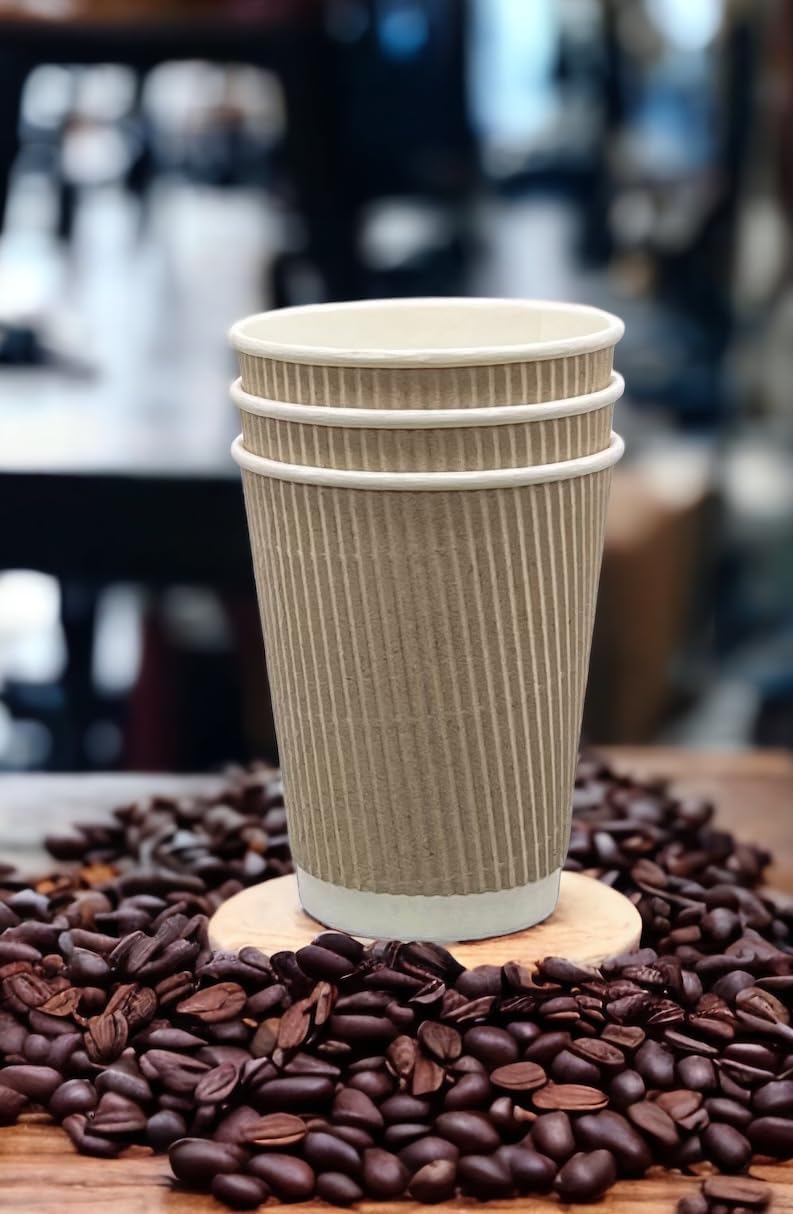 We Can Source It Ltd - 12oz Disposable Kraft Ripple Paper Cups - Insulated Beige Paper Cups with 3Ply Construction - 100% Biodegradable Compostable Recyclable - for Tea, Coffee, Hot Drinks - 500 Pack