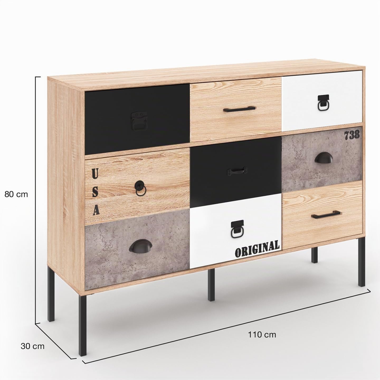 IDMarket Sacramento Design Industrial - Aparador 3 puertas 3 cajones 110 cm