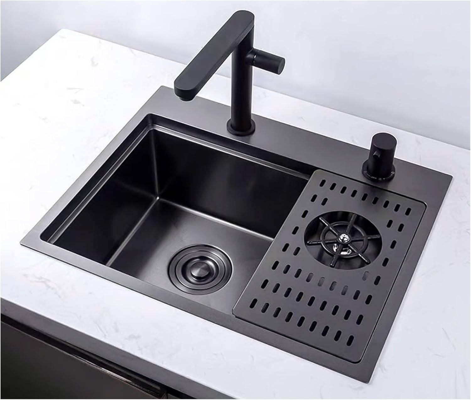 55×43×19Cm Small Bar Sink, with Faucet, Cup Washer, Sink Cover and Drain Set, 304 Stainless Steel Kitchen Bar Prep Sink, Cup Washing Sink, Concealable Workstation Sink,Black-55x43x19cm