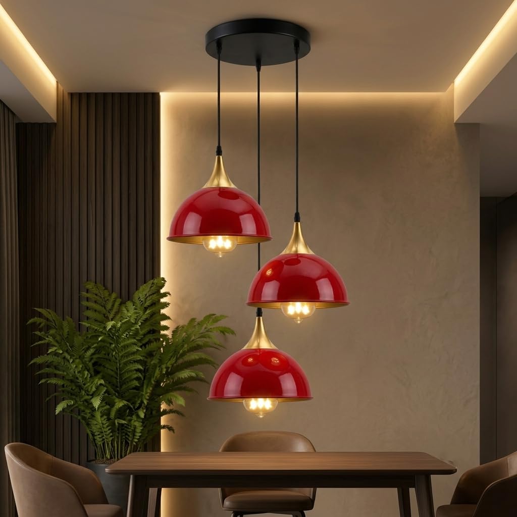 LEDSone 3 Head Red Dome Pendant Light E27 Adjustable Ceiling Light