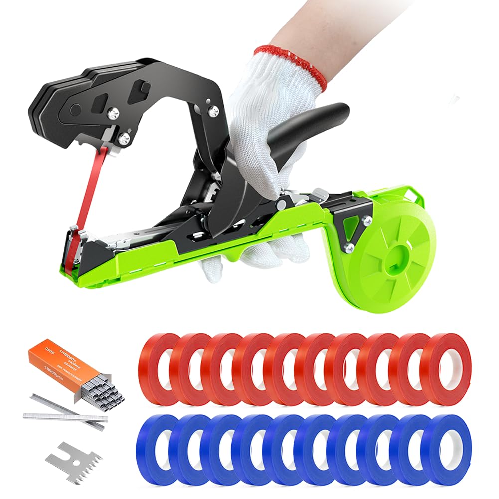 Plant Tying Machine, Lightweight Plant Tape Gun to Tie Up Vine, Plant Tying Tape Tool for Gardeners Farmers, Garden Tape Gun with 10000pcs Staples, 20 Rolls Tape, 1 SK5 Blade, 1 Gloves (Green)