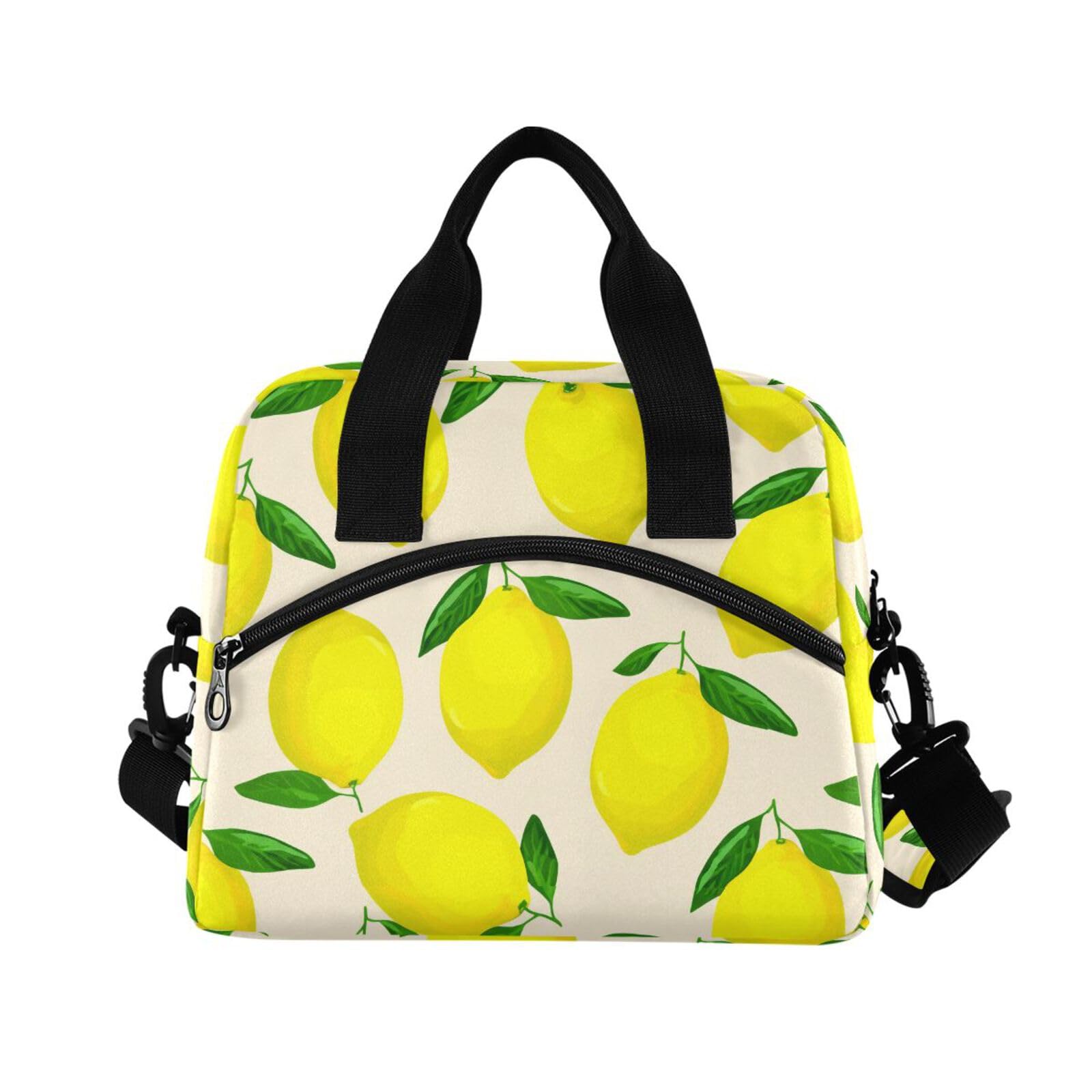 Sinestour Insulated Lunch Bag Reusable Cooler Lemon Leaves Beige Lunch Box Adjustable Shoulder Strap for Men Women Adults