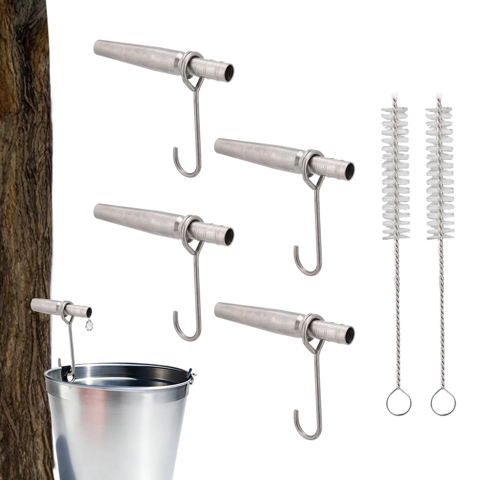 Maple Tree Syrup Tapping Kit, Including 4 Stainless Steel Taps Spiles 4 Hooks and 2 Spile Tappper Cleaning Brushes for Maple Syrup Sap Collection Supplies