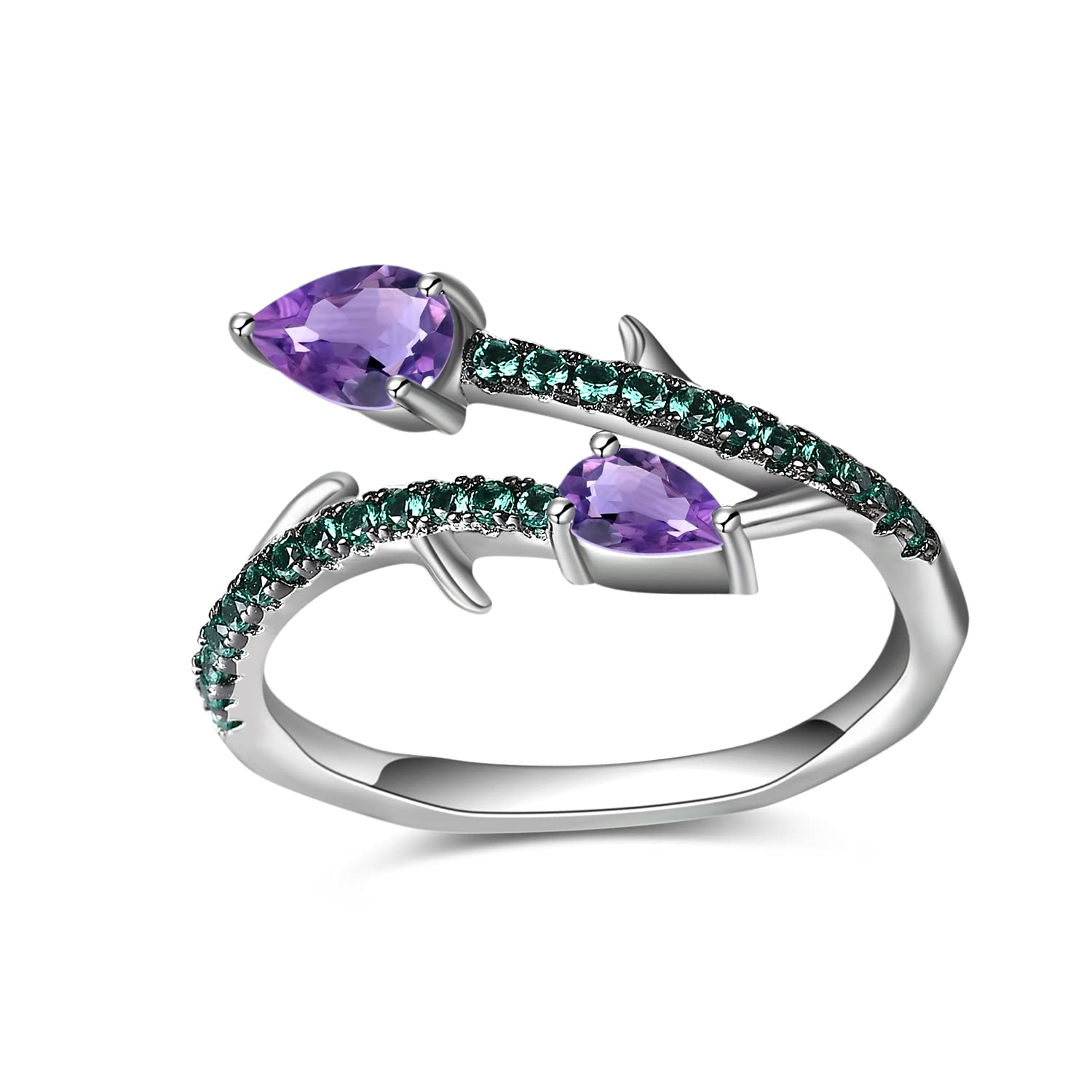 Gem's Beauty Genuine Amethyst Adjustable Rings 925 Sterling Silver Rose, Thorn, and Bud Handmade Open Ring for Women Girls February Birthstone Silver Rings
