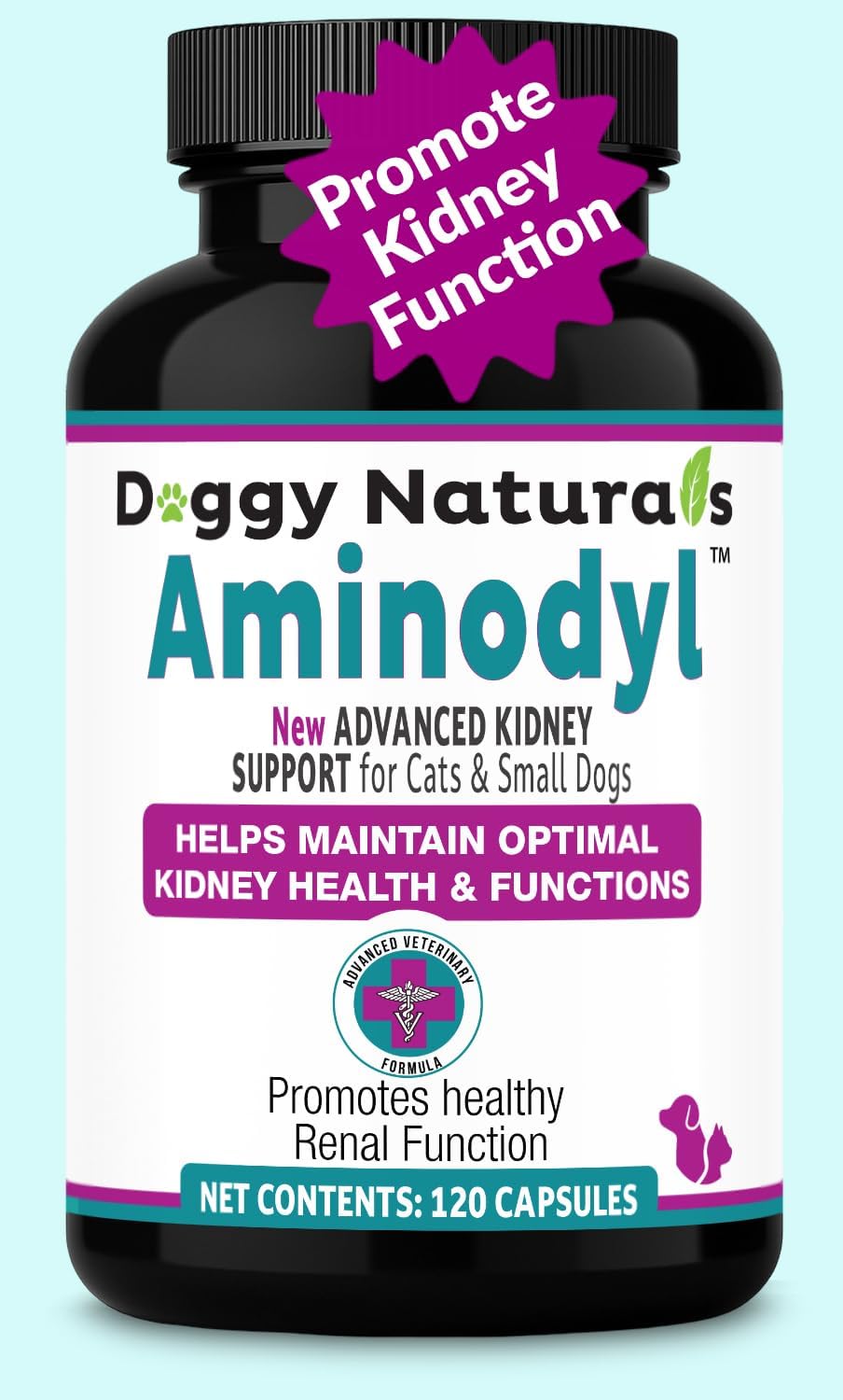 Aminodyl™ Kidney Support Supplement 400mg for Cats & Small Dogs - Supports Natural Kidney Function with Amino Vastly Promotes Health, Wellbeing & Vitality of Kidneys - 120 Sprinkle Capsules. U.S.A