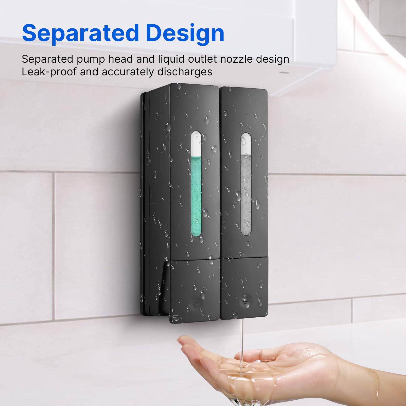 Decdeal Dispenser di sapone per le mani, 400 ml x 2, sicuro, ABS, senza forature, dispenser di sapone per montaggio a parete con finestra trasparente, uscita liquido separata, design di blocco