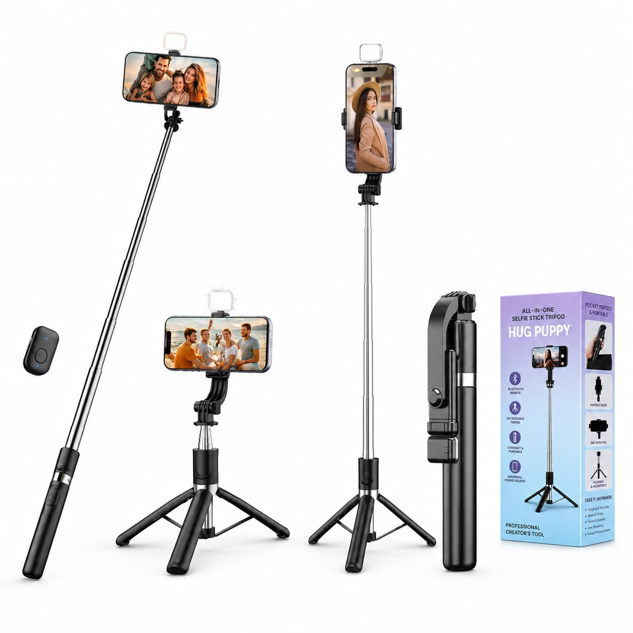 Selfie Stick Tripod with LED Light & Bluetooth Remote, 67 Inch (170CM) Extendable Mobile Phone Stand, Adjustable Tripod for iPhone, Android, Vlogging, Travel & Video Recording (Black)-image-0