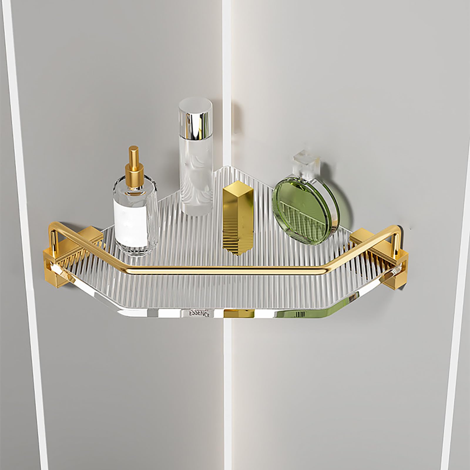 Mensola doccia angolare impermeabile, senza fori, in acrilico, antiruggine, per shampoo e accessori, finitura dorata, ideale per bagno e cucina (1 strato)
