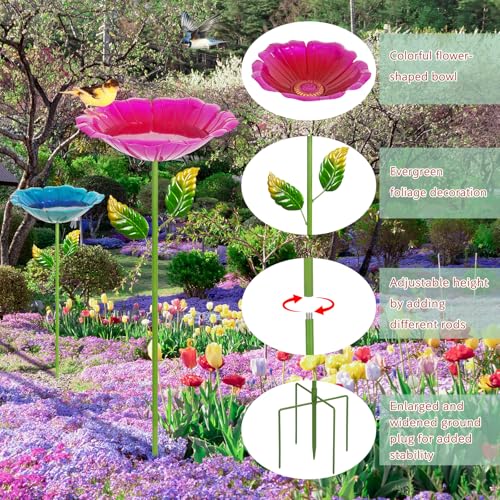 Image of 4 Pack Bird Bath for Outside, Outdoors Garden Decor Flower Birdbath | Colorful Metal Bird Bowl with Five Stakes for Hummingbird Baths & Bird Feeders, 31.3 inch H x 10.63 inch Dia (Red,Yellow,Blue,Green)