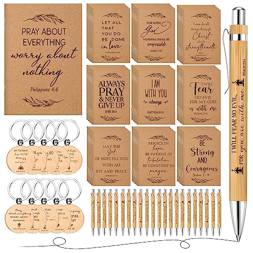 Cadeaux chrétiens : 60 carnets avec versets de la Bible, stylos en bambou et porte-clés