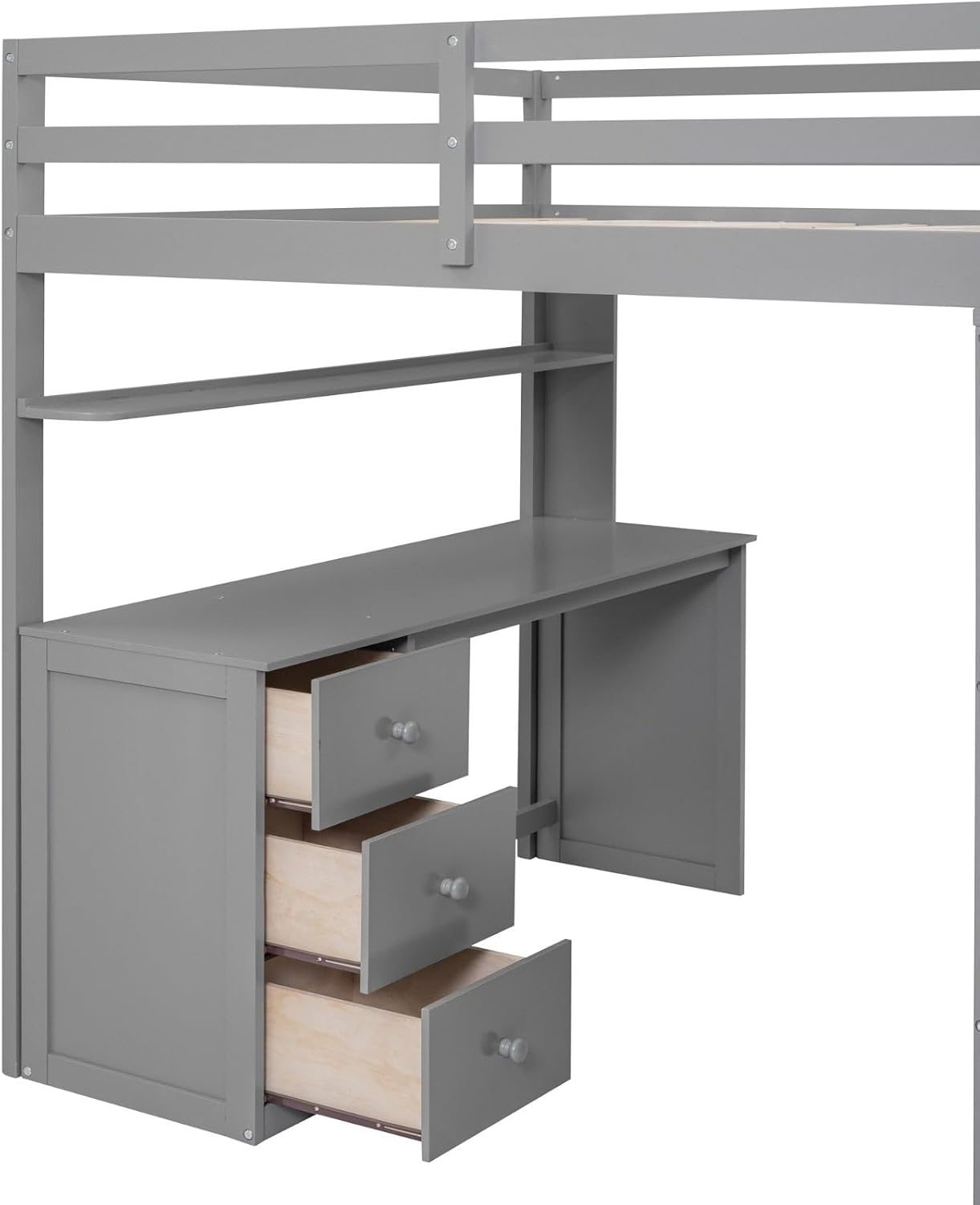 Full Size Loft Bed with Desk, Wardr0be and Drawers - Wood Space-Saving Design with Guardrails for Kids, Teens and College Students - No Box Spring Required, Gray