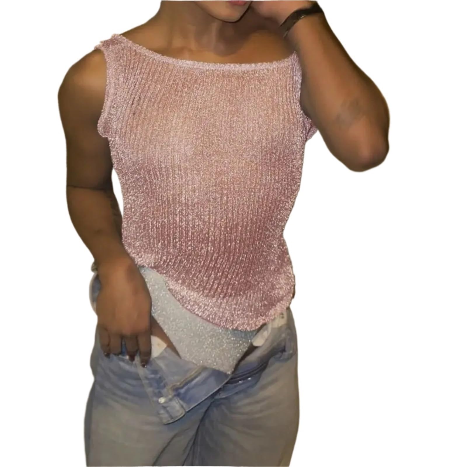 Top con Paillettes Canottiere Corte estive da Donna in Maglia, Tinta Unita, con Paillettes Glitterate, Traforate, Scollo Rotondo, Aderenti, Senza Maniche