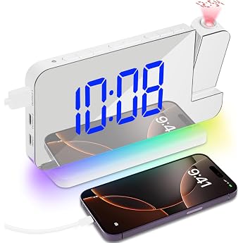 Projection Alarm Clock Alarm Clock with Projection LED Screen USB-C Port Adjustable Brightness Alarm Volume for Bedroom Ceiling Wall Home Children Seniors
