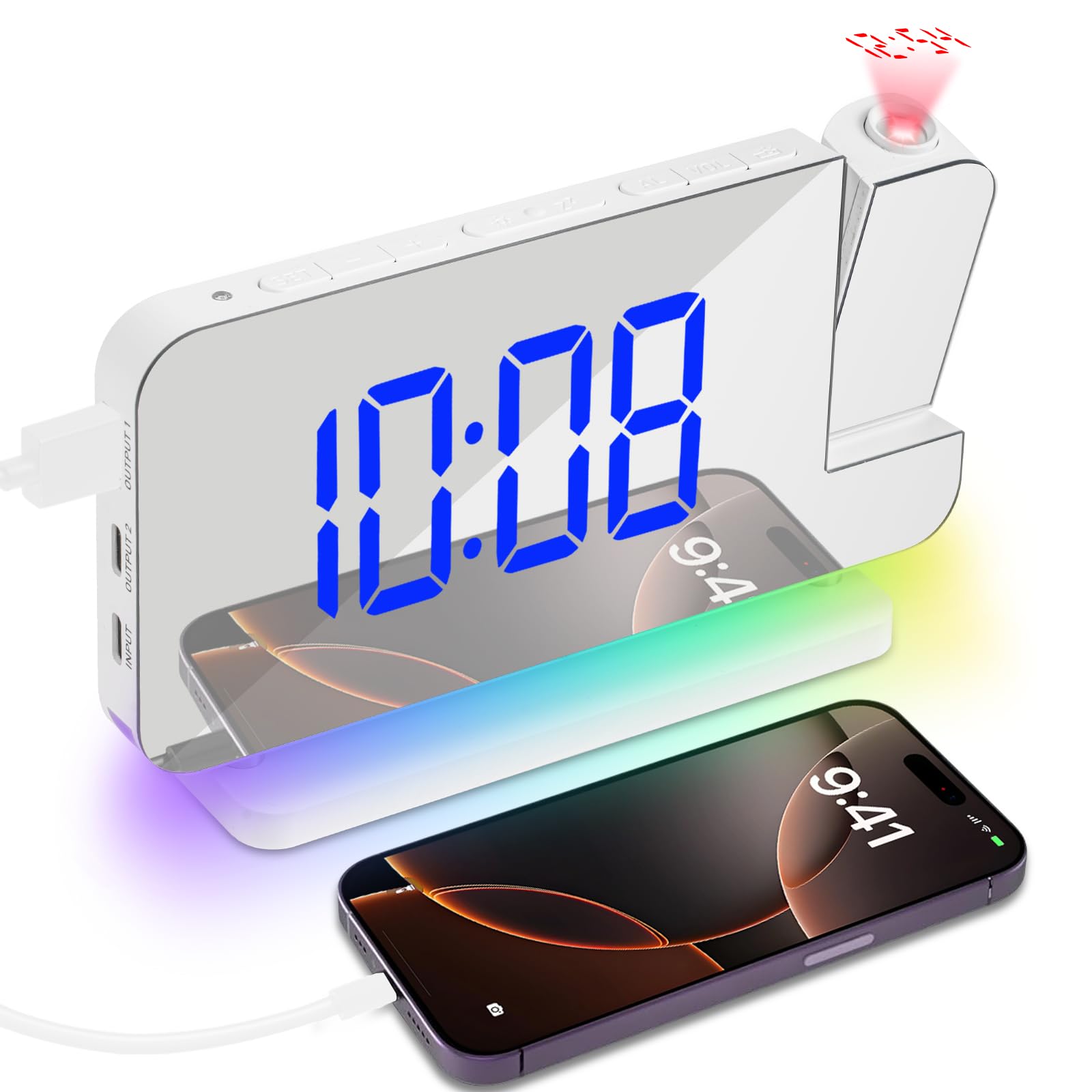 Sveglia con Proiezione, Sveglia con Schermo LED di Proiezione, Porta USB-C, Volume Allarme Luminosità Regolabile, per Camera da Letto, Soffitto, Parete, Casa, Bambini, Anziani