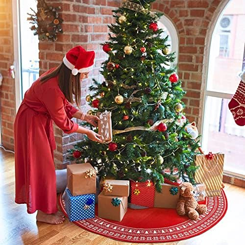 Dremisland Large Christmas Tree Skirt, 48 Inch Cable Knit Knitted Thick Rustic Tree Skirt with Snowflake Xmas Tree Pattern Burgundy Xmas Tree Skirt Mat for Home Party Holiday Decoration