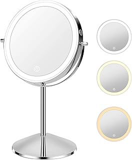 Lighted Makeup Mirror with Magnification, 10X 8’’Rechargeable Double Sided Vanity Mirror with Lights Magnifying Makeup Mirror with 3 Color Light with 360° Rotation, Detachable Base