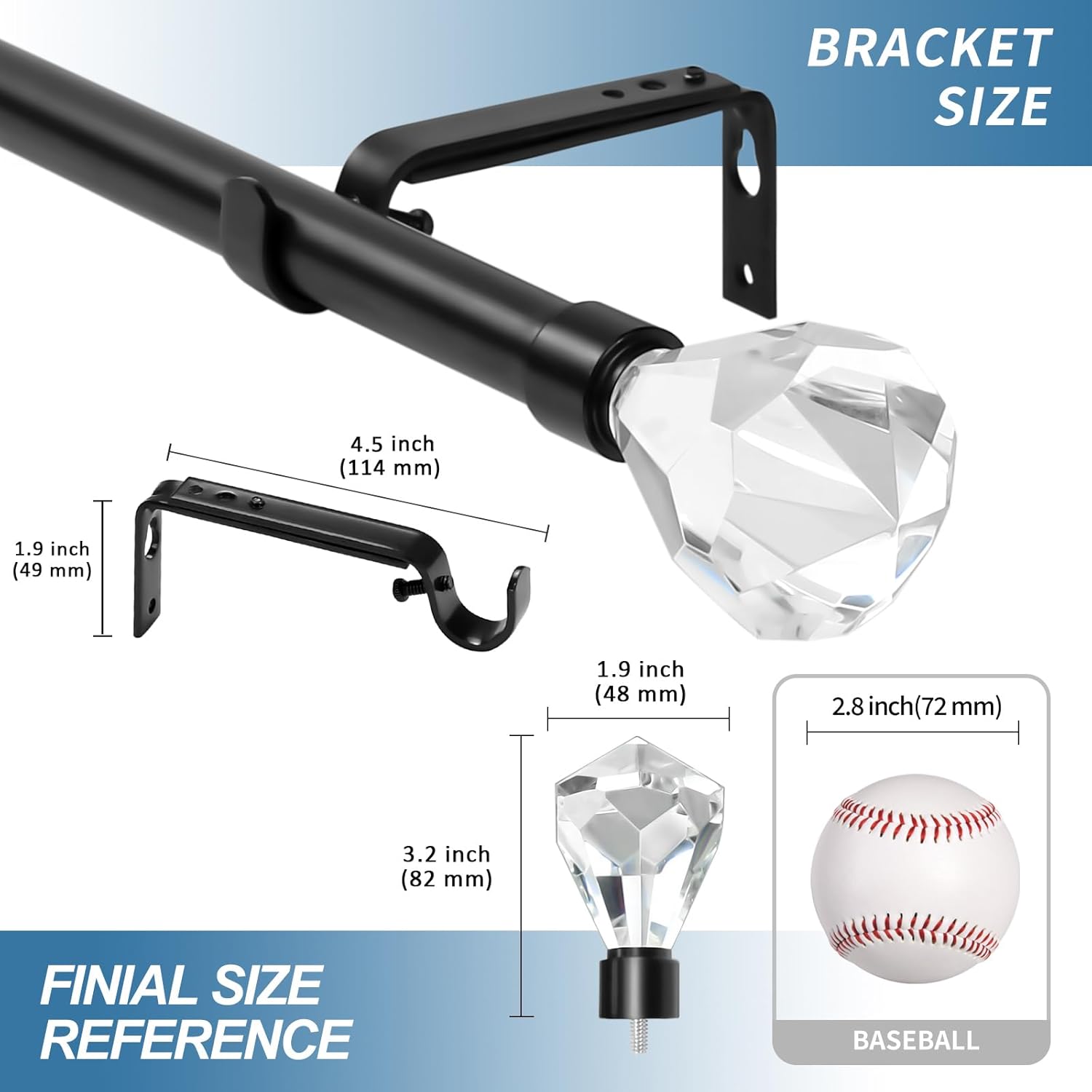 Urbanest Pierre Cut Crystal Drapery Curtain Rod Set 3/4" (Black, 88"-120")
