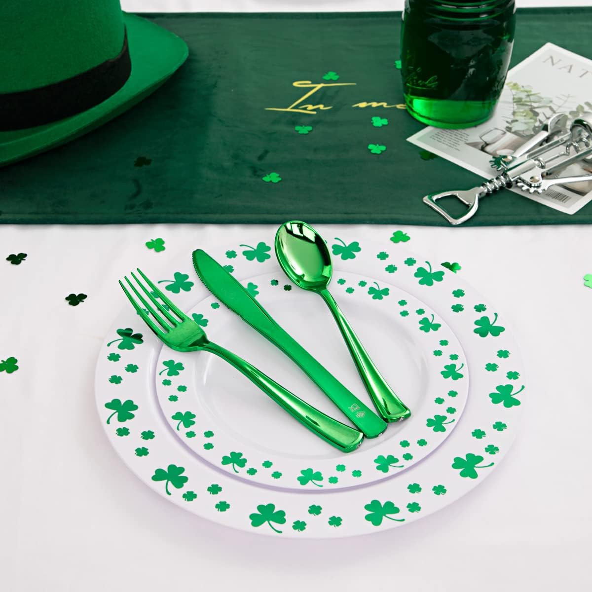 WDF 125pcs St. Patrick’s Day Plastic Plates with Shamrock Clover & Disposable Silverware - Premium White and Green Plastic Dinnerware for Wedding &Parties, Special for St. Patrick’s Day - Image 3