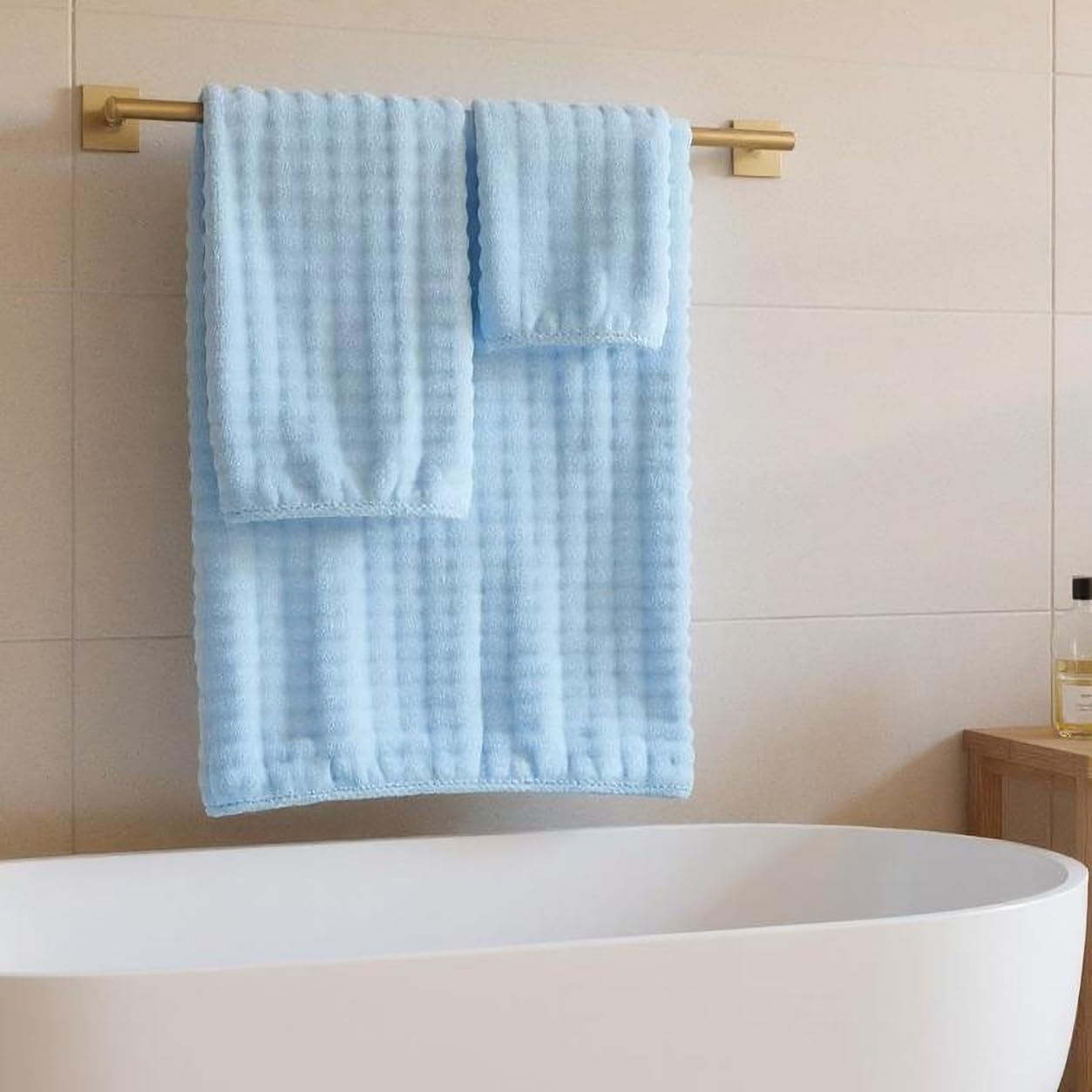 COZYART Lint Free Towel Sets 8 Pcs Light Blue, Super Soft, Thick, Absorbent & Quick Dry Microfiber Bubble Waffle Bathroom Daily Use Set with 2 Bath Towels, 2 Hair Towels, 2 Hand Towels, 2 Washcloths - Image 2