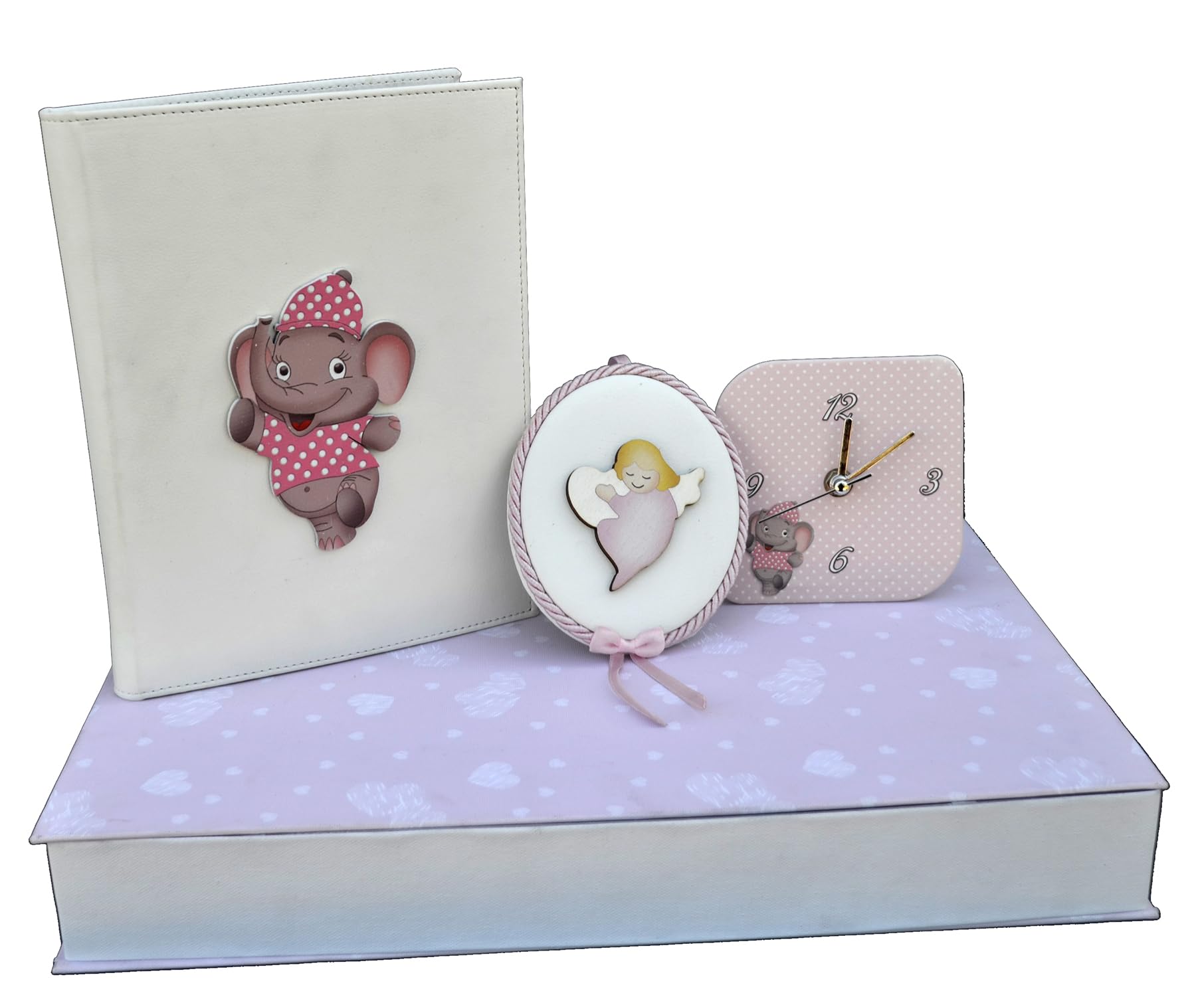 oggettando Benvenuto al Mondo: Set regalo tema Elefantino con Diario, Orologio da tavolo e Sopraculla con Carillon Neonato nascita (Rosa)