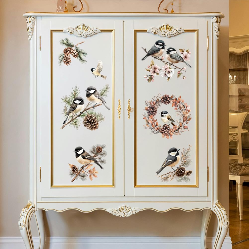 Décalcomanies Branches Dorées Et Oiseaux – 3 Stickers Transfert Waterproof Pour Meubles, Verre, Bois, 15x30 Cm
