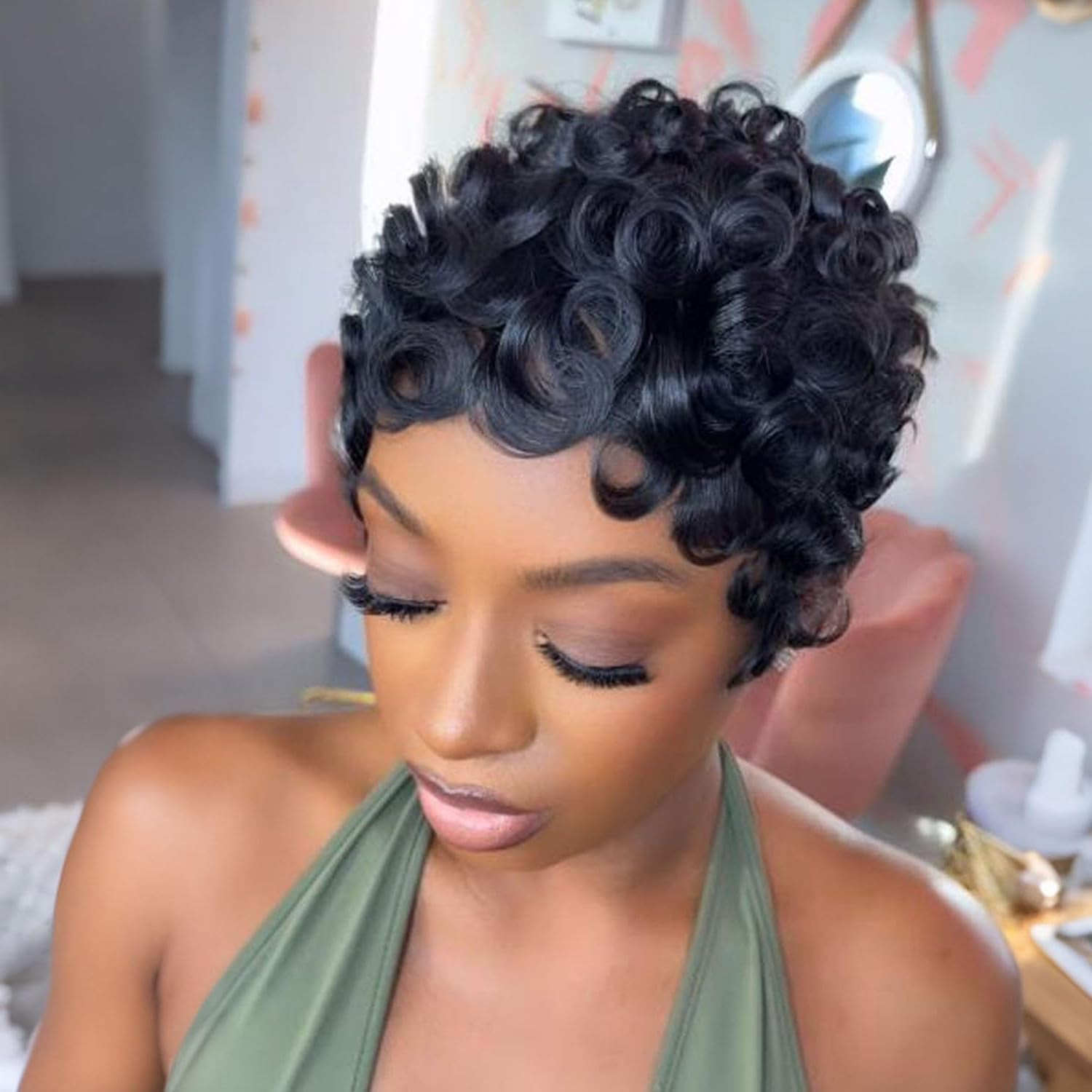 YJOQOKOA Short Curly Pixie Cut Wig Human Hair Curly Wigs for Black Women Human Hair Glueless Pixie Wig Short Layered Brazilian Virgin Human Hair Wigs For Women No Lace front wig for Women daily use
