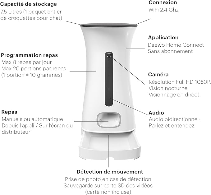 DAEWOO Distributeur de croquettes Automatique pour Chiens et Chats avec camera Full HD - Nutrivision501C Capacite de 7,5L