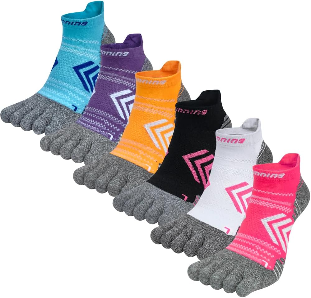 Women's Athletic Socks Toe Hosiery Thickened Running Footwear Five-Finger Sock Breathable and Sweat-Wicking (6 Pairs)