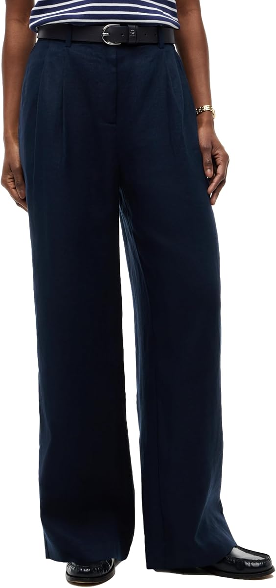 Tommy Hilfiger Pantalones de lino con pernera ancha y bolsillos para mujer