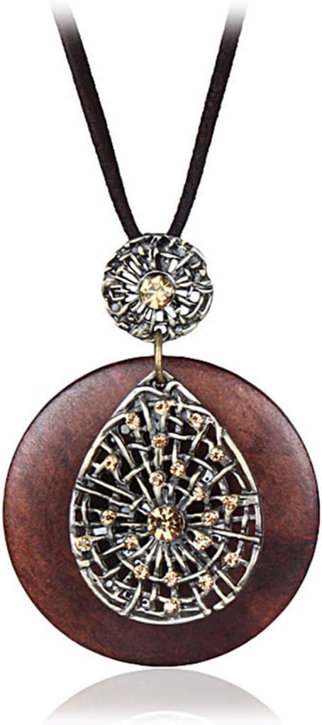 COOSTUFF ANNAWomens Pendant Necklace Wood Handmade Jewelry Long Rope Sweater Necklace for Woman (D)