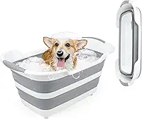 FHTONGE Banheira dobrável para cães de 27 litros/27 L com coletor de pelos de drenagem, banheira multifuncional para cães pequenos a M, lavatório portátil para cachorros, lavatório de chuveiro, cesto