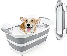 FHTONGE Banheira dobrável para cães de 27 litros/27 L com coletor de pelos de drenagem, banheira multifuncional para cães pequenos a M, lavatório portátil para cachorros, lavatório de chuveiro, cesto