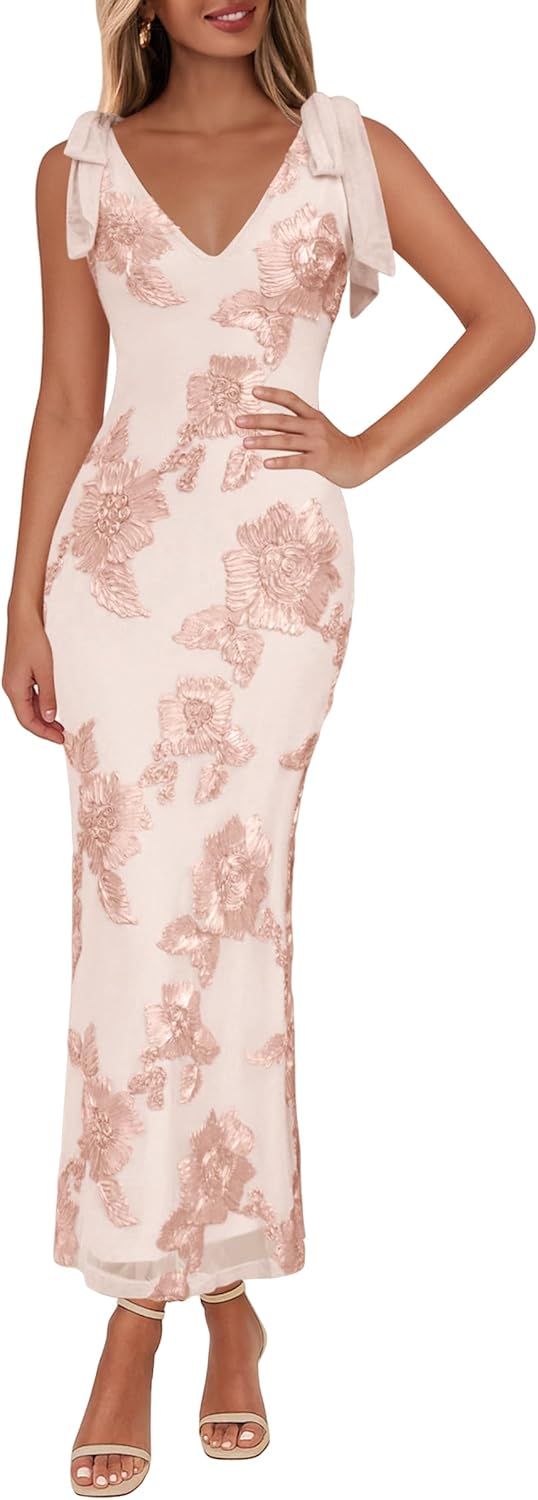 Lazysmile Womens Floral Embroidered Maxi Dress Sleeveless V Neck Tie Strap Ribbon Flower Mesh Party Cocktail Dresses