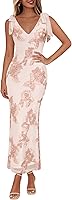 Lazysmile Women's Floral Embroidered Sleeveless V-Neck Maxi Dress with Tie Straps - Mesh Party Cocktail Gown