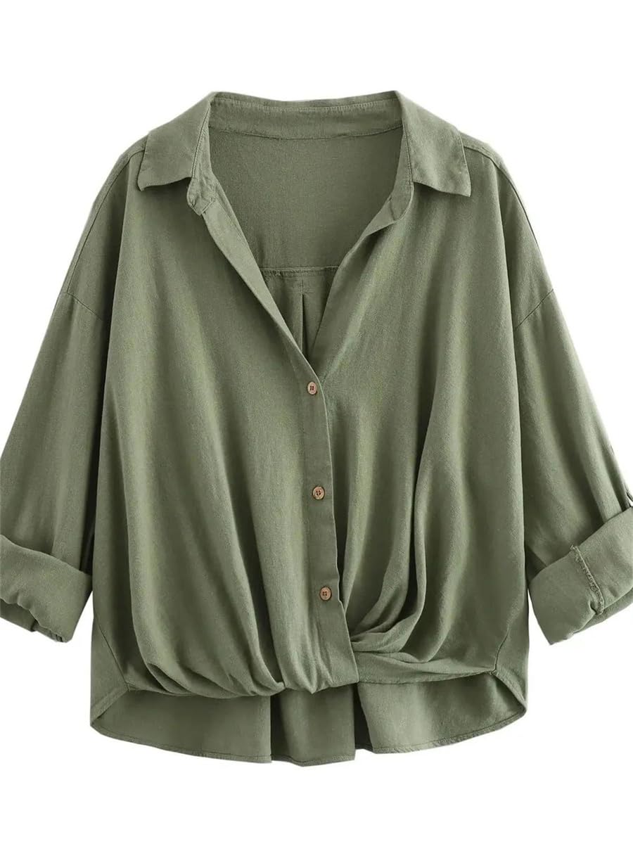 Camicia da donna alla moda in misto lino con nodo retrò maniche risvolto bottone frontale versatile top