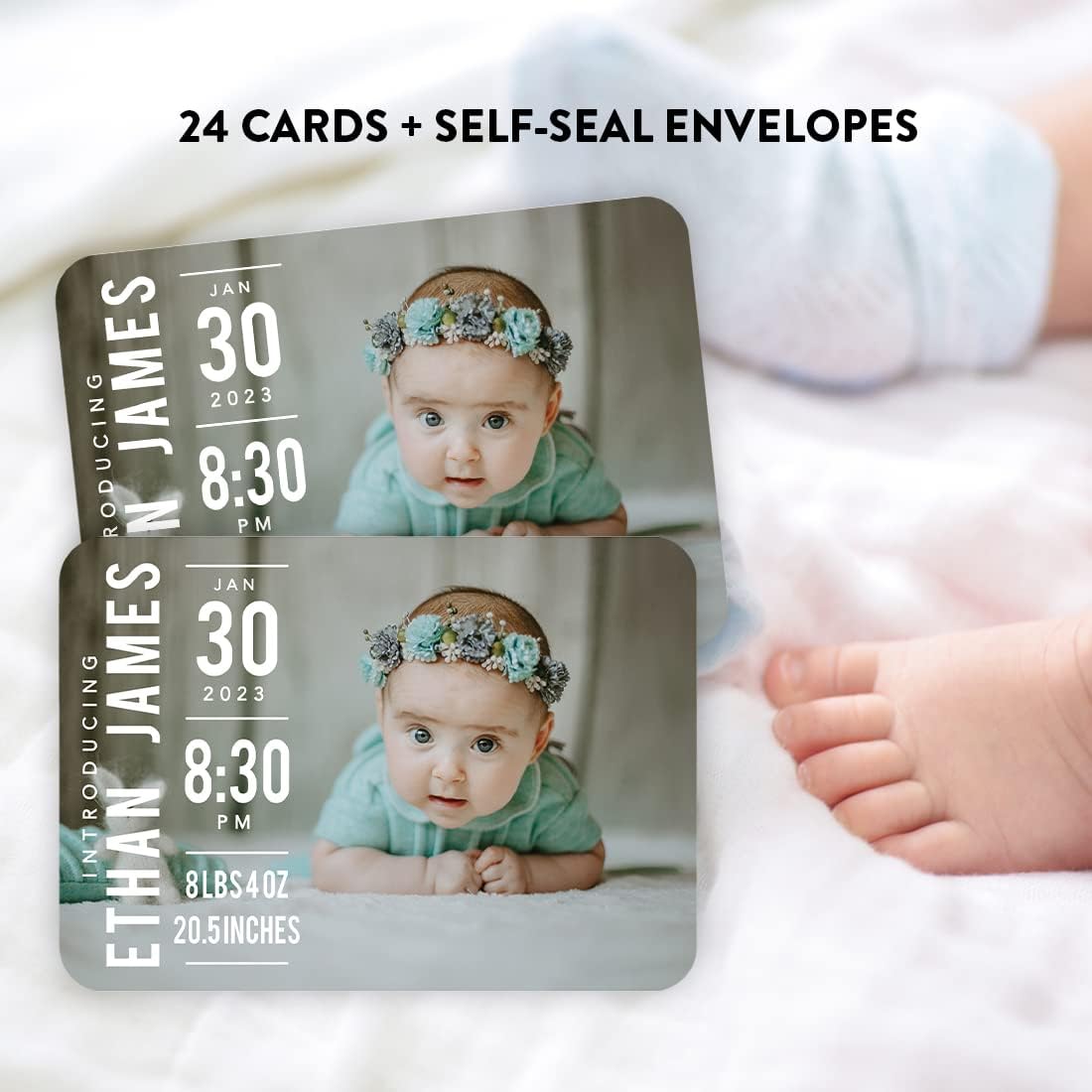 Andaz Press 5x7 Personalized Baby Announcement Cards With Envelopes, Pack 24, Photo Birth Announcement Cards For Family, Pink Stripes Custom Baby Birth Announcement Cards, Welcome Baby Girl Boy Card
