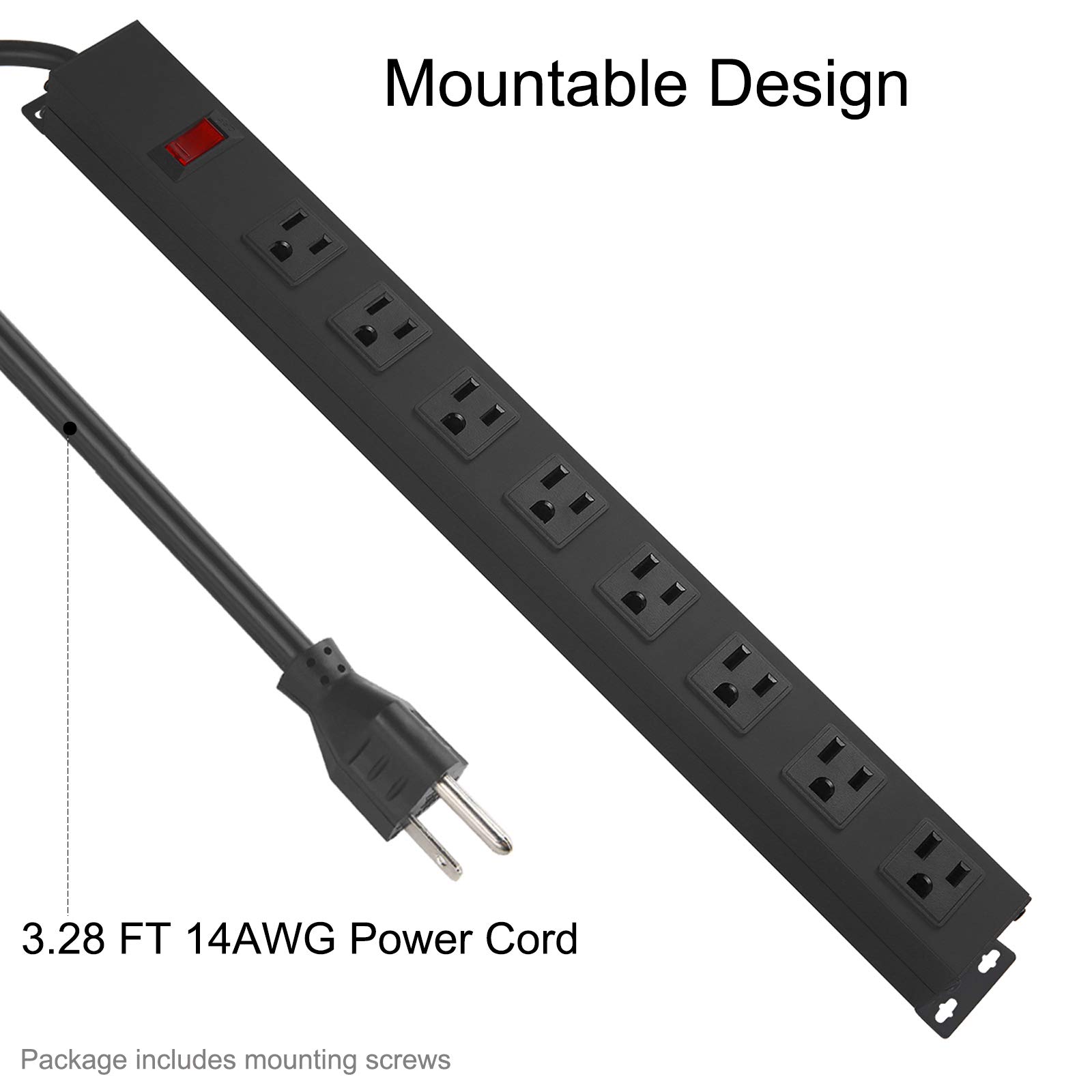 2 Stück Metall-Steckdosenleiste mit 8 Steckdosen, Wandmontage, robust und mit großem Abstand, mit Schalter, SJT 14 AWG-Netzkabel, 2 Stück