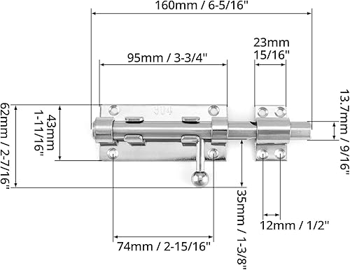 Miniatura 6 de QWORK Pestillo de puerta de perno deslizante, paquete de 4 cerrojos de acero inoxidable 304 de 6.3 pulgadas de alta resistencia con orificio para