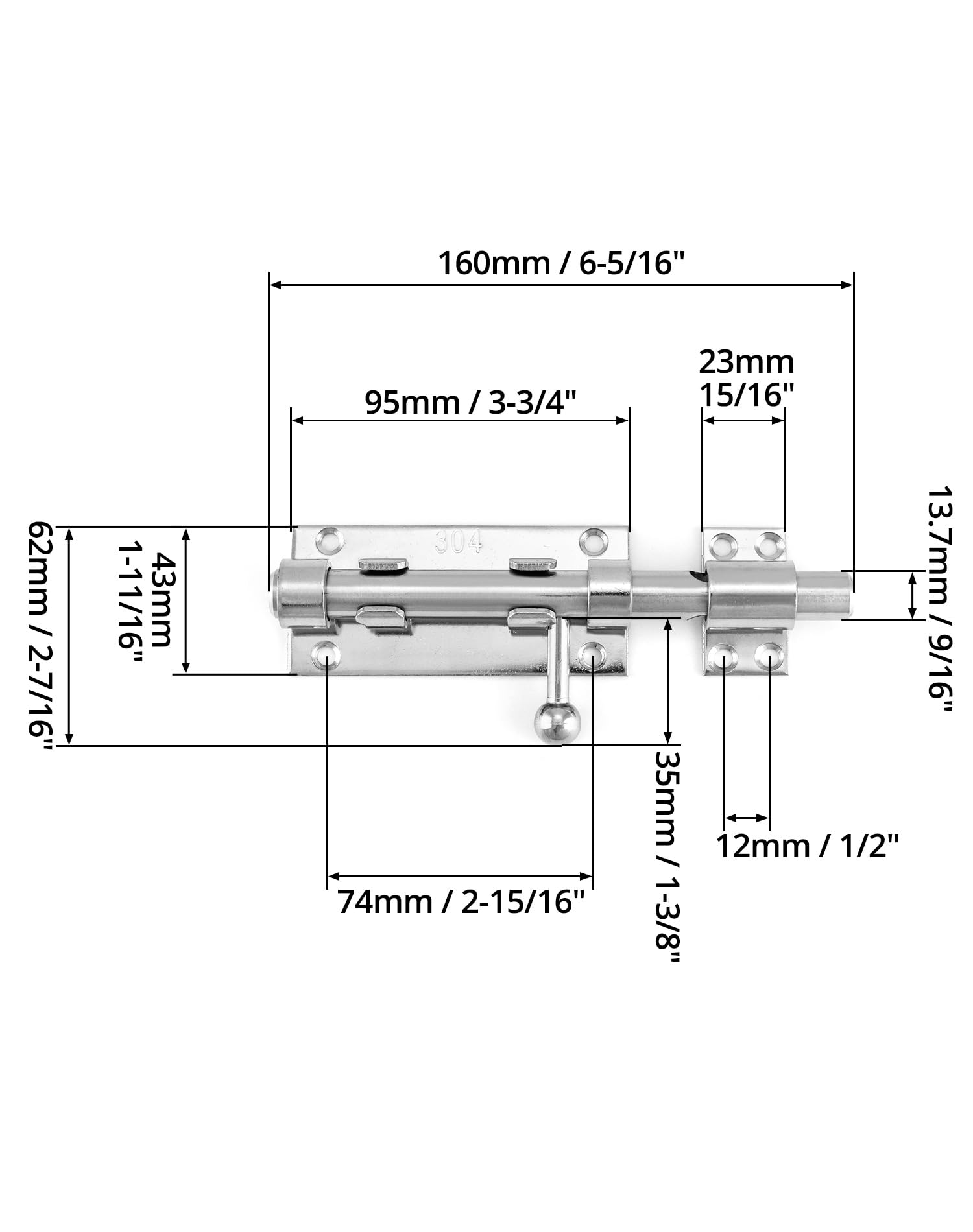 QWORK Schieberiegel, Torriegel, 4 Stück, 16 cm, robuster 304 Edelstahl, Sicherheitsriegel, Türriegel mit Vorhängeschloss und Befestigungsschrauben für Türen, Schränke, Kühlschränke