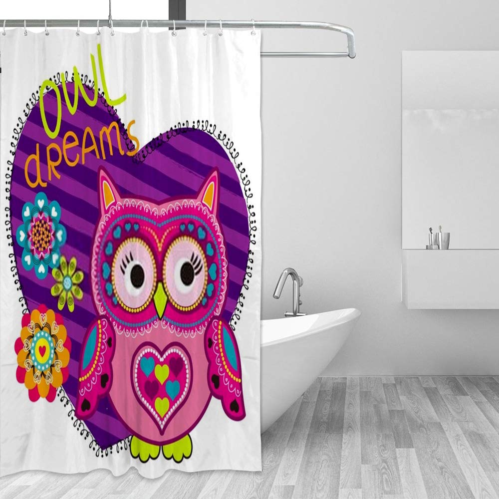 Rideau de douche avec 12 crochets motif hibou en polyester 66x72