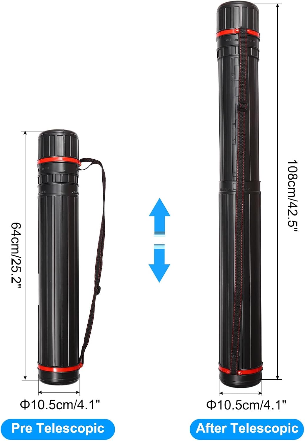 PATIKIL Extendable Poster Tubes, Expand from 25.2" to 42.5" with Strap, 10.5cm/4.1" Dia Art Document Storage Carry Tubes for Blueprints Drawings Artwork, Black