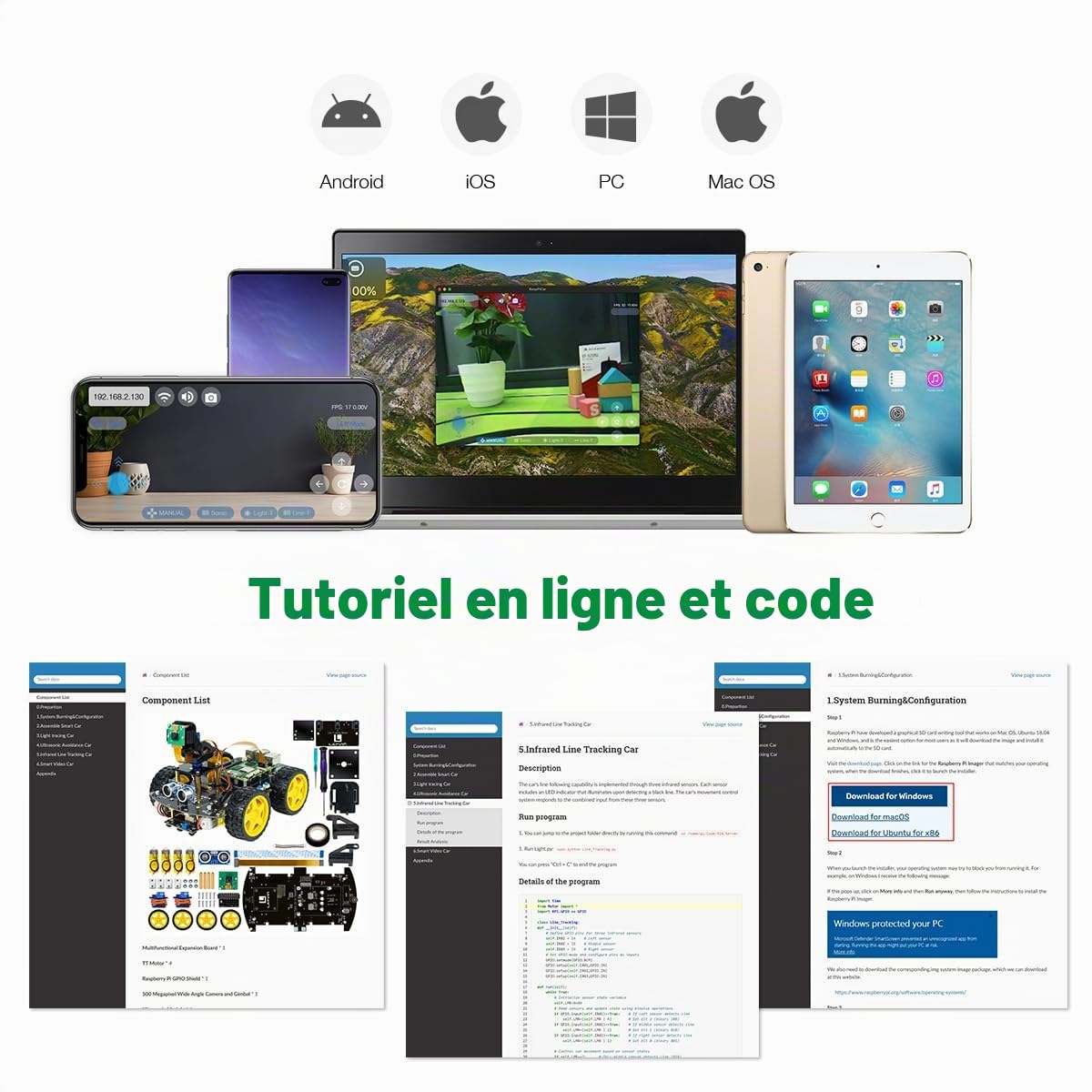 LAFVIN Kit de voiture intelligente 4WD pour Raspberry Pi 5/4B/3B+/3B/2B/1B+ avec tutoriel, robot intelligent multifonction avec appareil photo (Raspberry Pi non inclus)